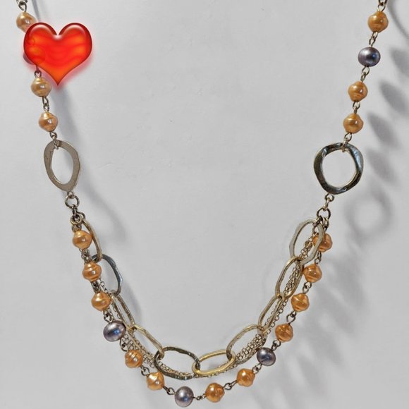 3 For 20 Gold Tone Peach Grey Faux Pearl Tiered Layered Chain Necklace - Picture 1 of 7
